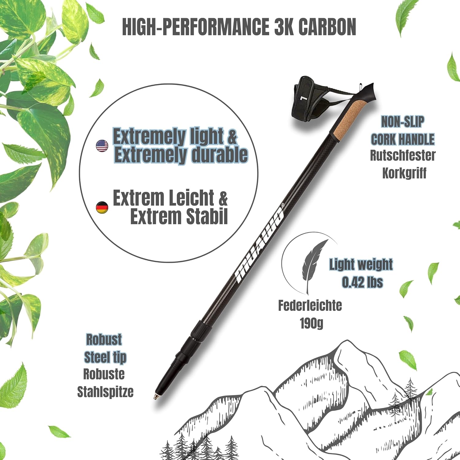 Premium Nordic Walking Poles | Adjustable, Ultralight 6.7 Ounces, 25"-53" Telescopic Twist Pole, 100% Carbon | Trekking Poles, Hiking Poles, Walking Sticks for Women & Men - Image 2