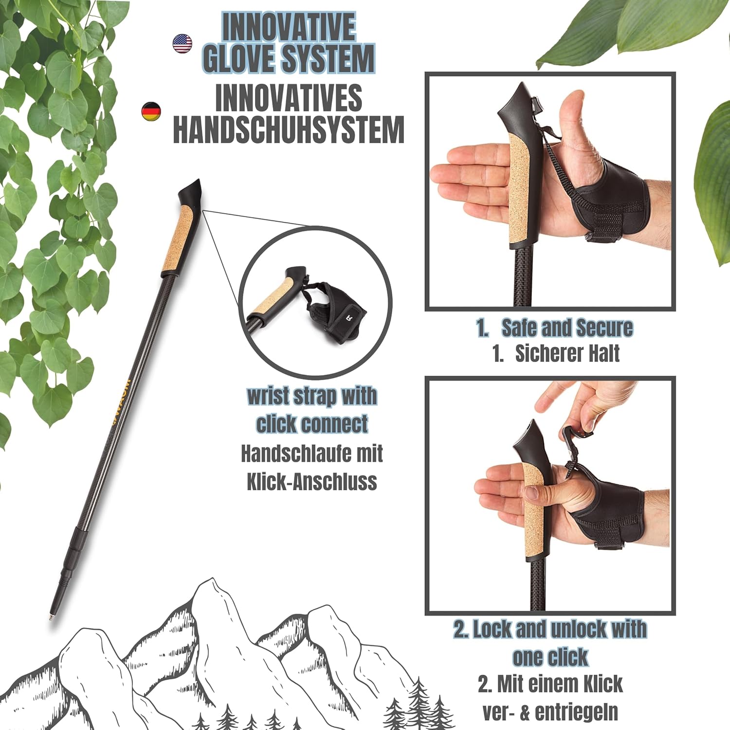 Premium Nordic Walking Poles | Adjustable, Ultralight 6.7 Ounces, 25"-53" Telescopic Twist Pole, 100% Carbon | Trekking Poles, Hiking Poles, Walking Sticks for Women & Men - Image 3