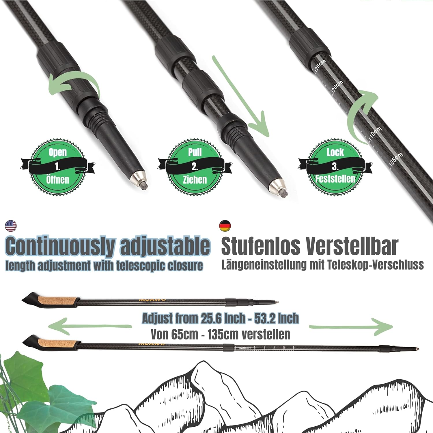 Premium Nordic Walking Poles | Adjustable, Ultralight 6.7 Ounces, 25"-53" Telescopic Twist Pole, 100% Carbon | Trekking Poles, Hiking Poles, Walking Sticks for Women & Men - Image 4