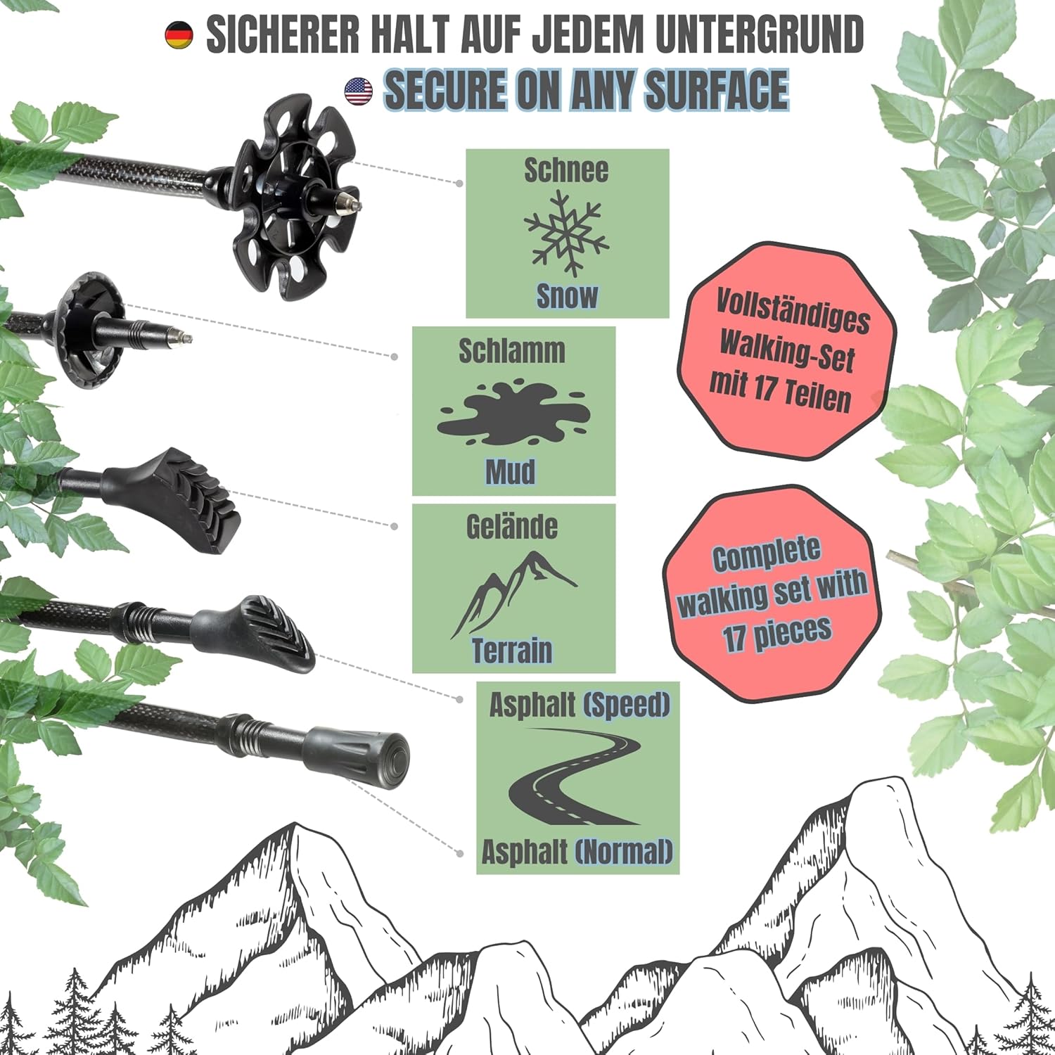 Premium Nordic Walking Poles | Adjustable, Ultralight 6.7 Ounces, 25"-53" Telescopic Twist Pole, 100% Carbon | Trekking Poles, Hiking Poles, Walking Sticks for Women & Men - Image 5