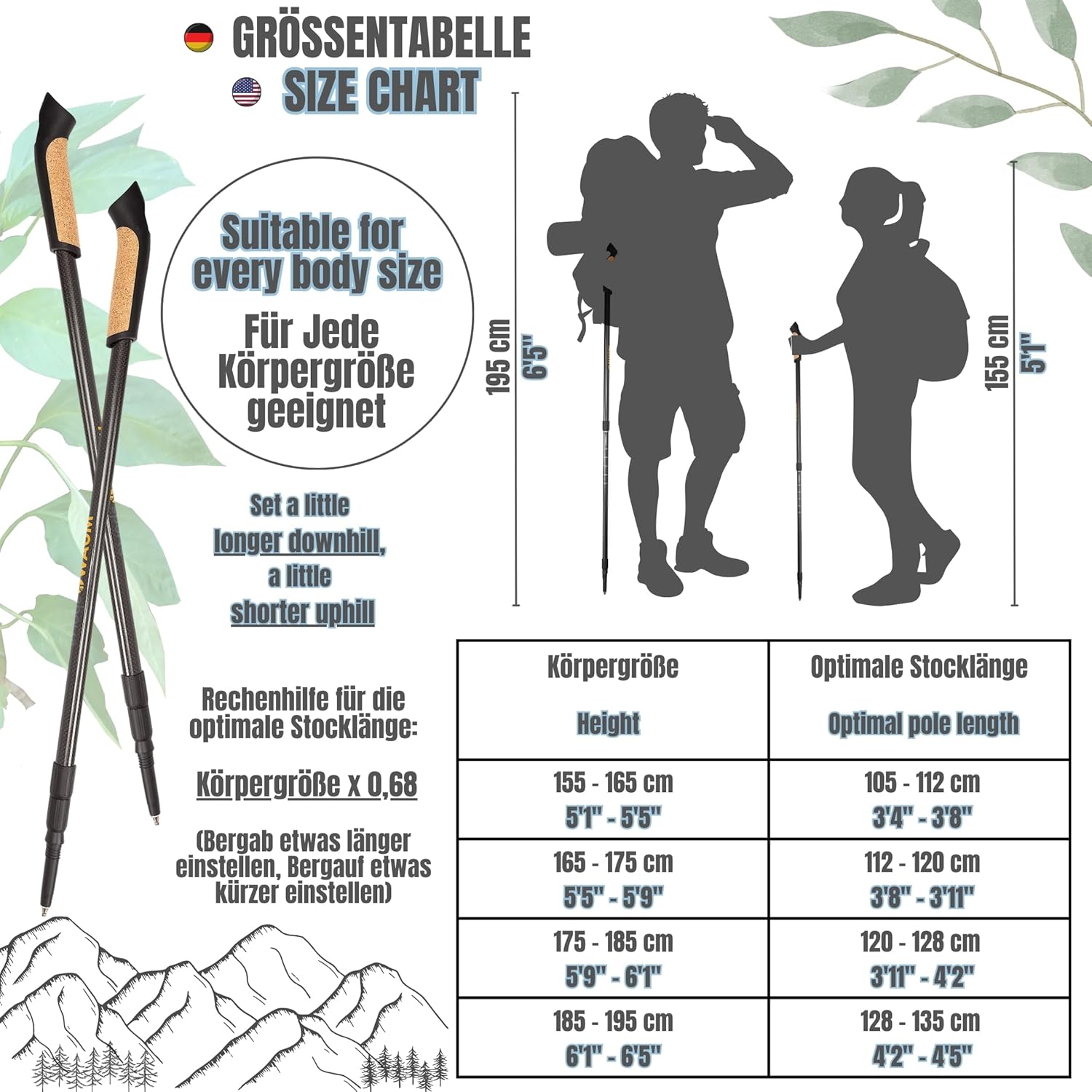 Premium Nordic Walking Poles | Adjustable, Ultralight 6.7 Ounces, 25"-53" Telescopic Twist Pole, 100% Carbon | Trekking Poles, Hiking Poles, Walking Sticks for Women & Men - Image 6